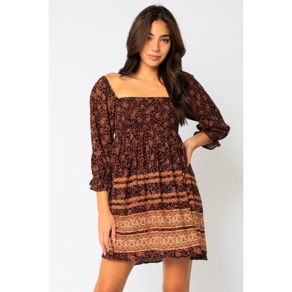 LAST 1! BLACK RUST SQUARE NECK PUFF SLEEVES PRINTED SMOCKED FULLY LINED DRESS!